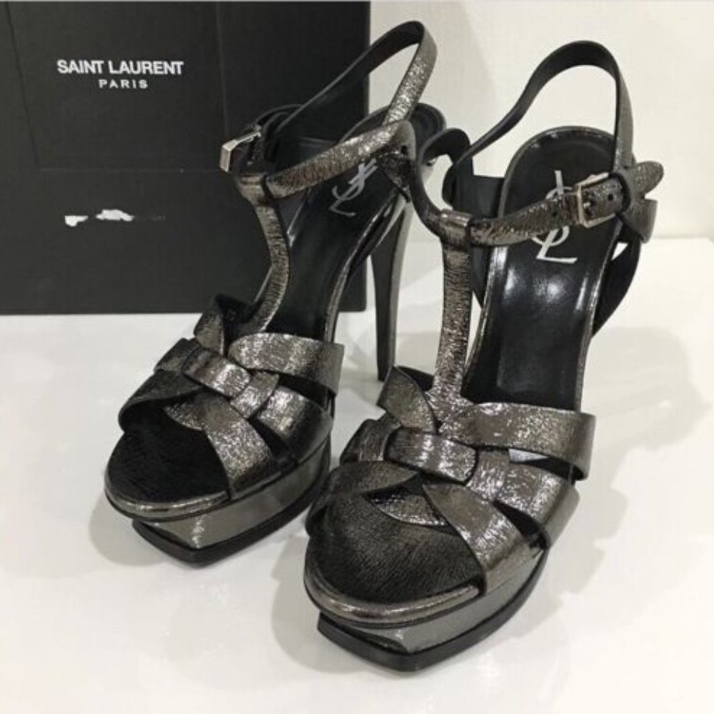Saint Laurent YSL Metallic Tribute Platform Heels Sandals 7.5 Gunmetal Gray 38 - Picture 2 of 3